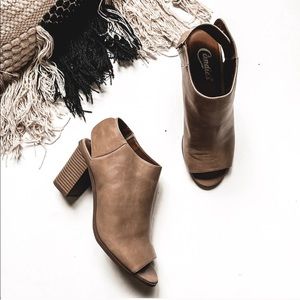 Candie’s taupe peep toe heel booties